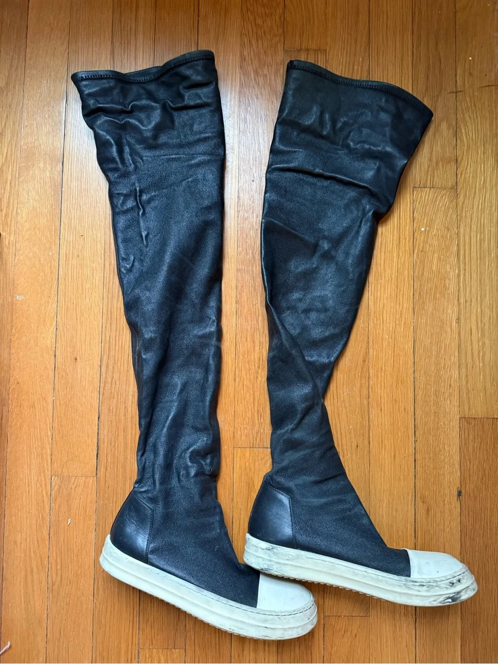 Rick Owens Black Over-the-Knee Leather Boots with White Toe Cap